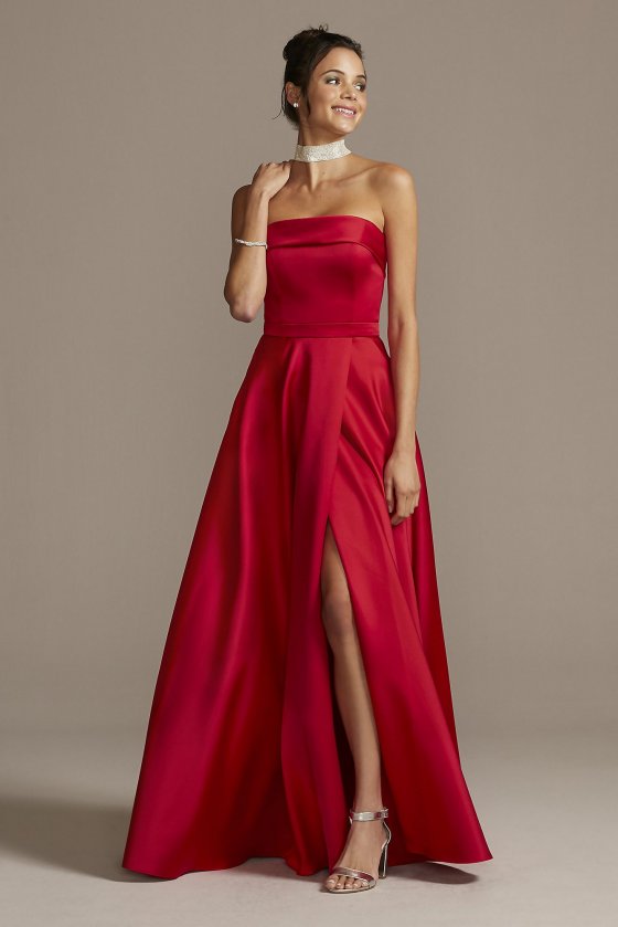 New Style Long Strapless Foldover Satin Prom Gown with Skirt Slit 3194X [3194X]