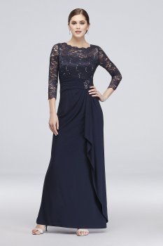Long-Sleeve Lace and Jersey Cascade Dress 59371D