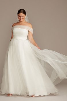 Off Shoulder Pleated Tulle Plus Size Wedding Dress 9WG3976