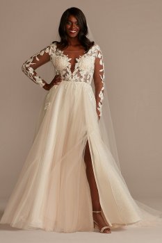 Long Sleeve Lace Appliqued Plus Size Wedding Dress Galina Signature 9SLSWG862