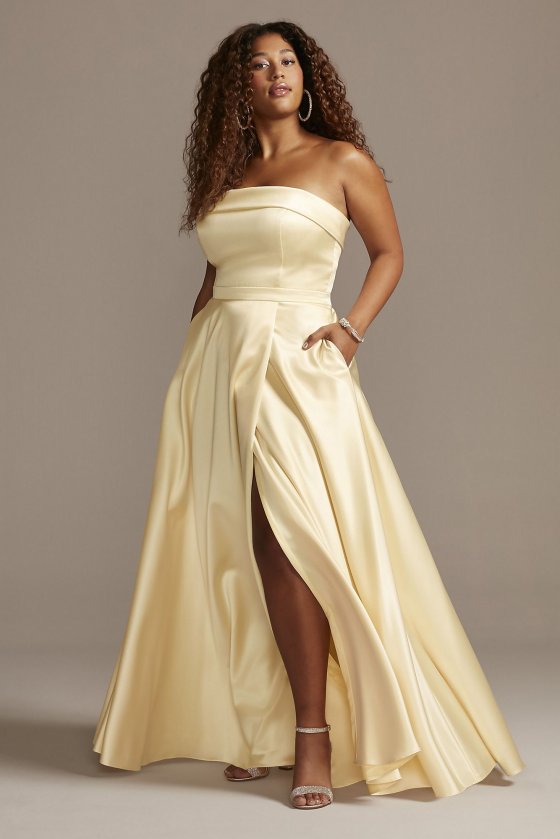 Plus Size Strapless Long Satin Prom Ball Gown with Skirt Slit Style 3194XW [3194XW]