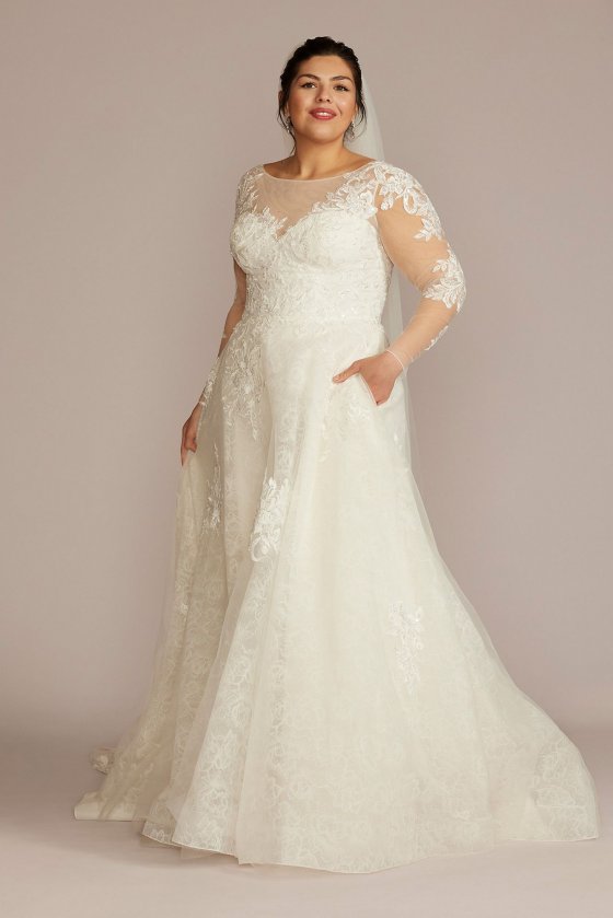 High Neck Long Sleeve Plus Size Wedding Dress Oleg Cassini 8CWG930
