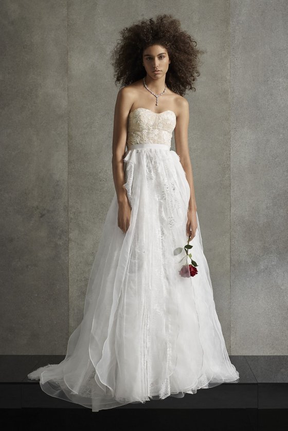 Strapless Sweetheart Neckline Long Lace Cascade VW351502 Wedding Dress