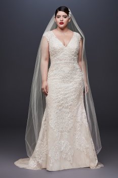 Cap Sleeve Plunging V-Neck Plus Size Wedding Dress 8CWG807