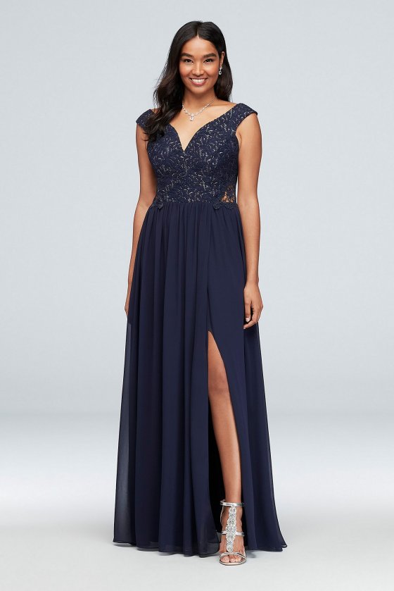 Off-the-Shoulder Metallic Lace and Chiffon Gown 3471RJ4C [3471RJ4C]