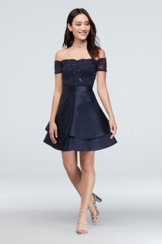 Off-the-Shoulder Lace and Satin Double Hem D80031H658 Style Dress