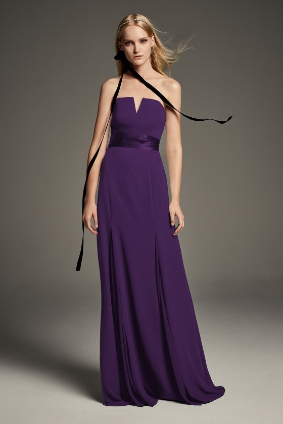 V-Wire Crepe Bridesmaid Dress with Wide Satin Sash VW360453 [VW360453]