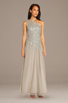 Mesh One-Shoulder Gown with Scattered Sequins Adrianna Papell AP1E208309