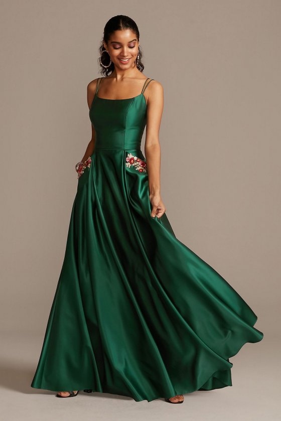 Double Strap Long A-line Scoop Neckline Satin Gown with Floral Pockets Style 2129BN [2129BN]