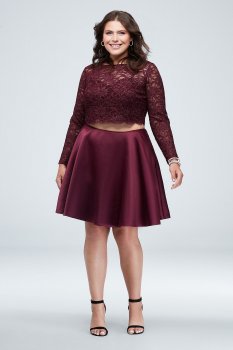 Plus Size 3986CW2W Two Pieces Glitter Lace Crop Top and Mini Skirt Plus Size Set