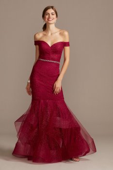 Off Shoulder Glitter Mesh Gown with Horsehair 1911P8366G