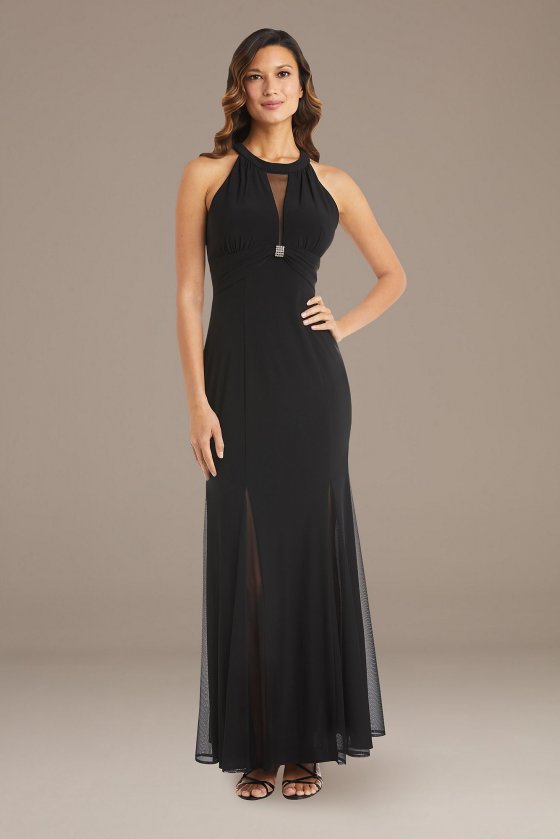 Mesh Overlay Halter Gown with Open Back RM Richards 22023