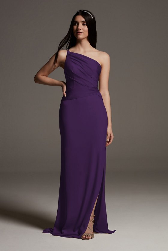 Crepe Bridesmaid Dress with Swags and Slit VW360550