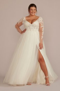 Sheer Boned Bodice Long Sleeve Plus Wedding Dress DB Studio 9SLWG4036
