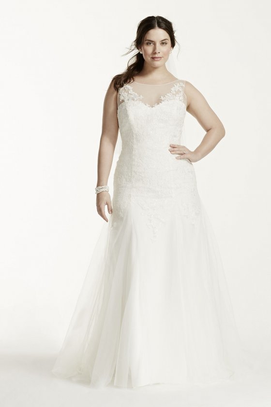Illusion Neck Deep V Back Plus Size Wedding Dress 9MK3718 [9MK3718]