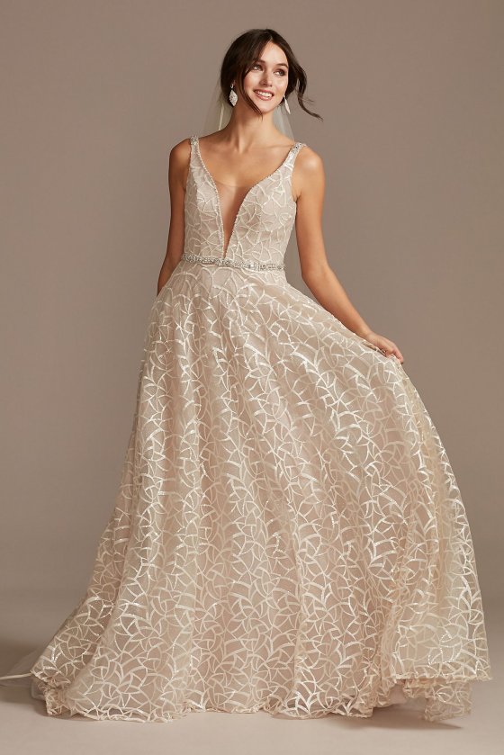 Geometric Sequin Illusion Plunge Wedding Dress Galina Signature SWG863