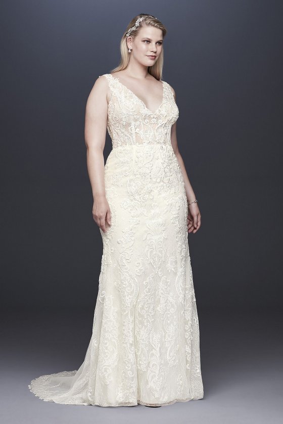 Plunging Illusion Bodice Plus Size Wedding Dress 9SWG772 [9SWG772]