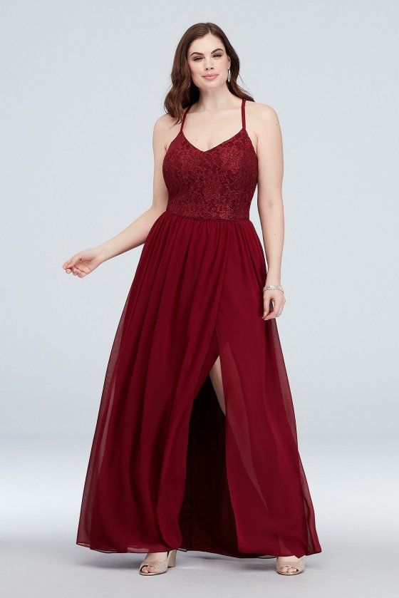 Plus Size Long Glitter Lace Bodice Bridesmaid Dress with Spaghetti Straps Style 3930AQ4W [MR3930AQ4W]