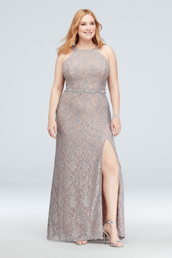Glitter Lace Plus Size Gown with Beaded Belt 3622HV3W [3622HV3W]