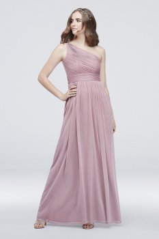 Micro-Pleated Long One-Shoulder Mesh W60042 Dress