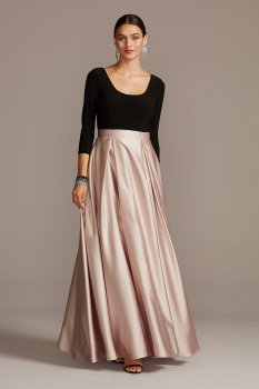 3/4 Sleeve Long Scoop Bodice Gown with Satin Skirt A22424