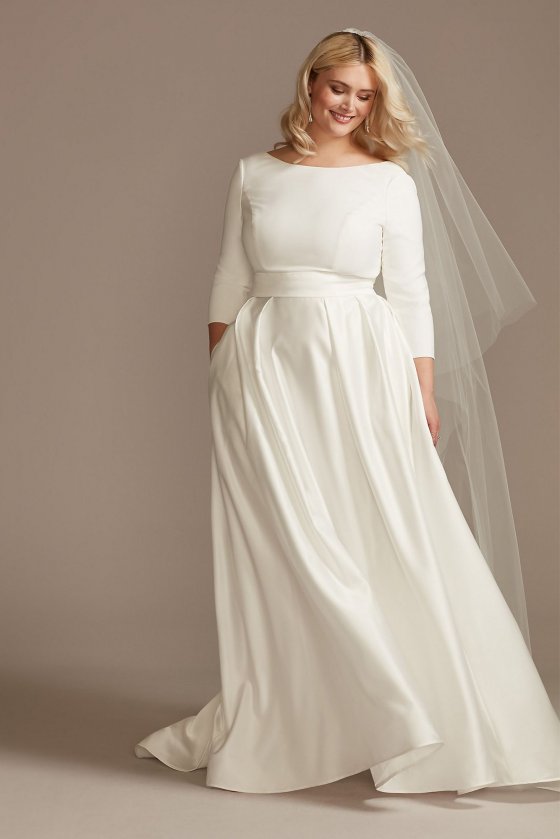 3/4 Sleeve Low Back Satin Plus Size Wedding Dress David's Bridal 9WG4005 [9WG4005]