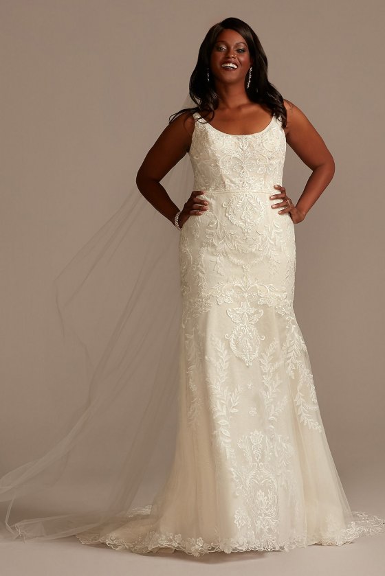 Lace Plus Size Wedding Dress with Cutout Train Oleg Cassini 8CWG895