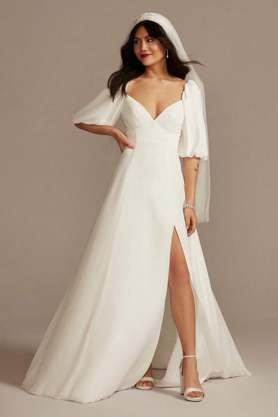Bubble Sleeve Georgette V-Neck Wedding Dress DB Studio SDWG0971
