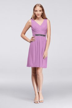 Short Mesh Dress with V-Neck and Beaded Detail W11174