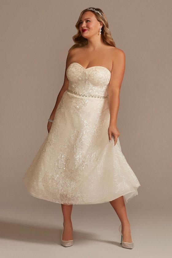 Lace Applique Tea-Length Plus Size Wedding Dress Oleg Cassini 8CWG903