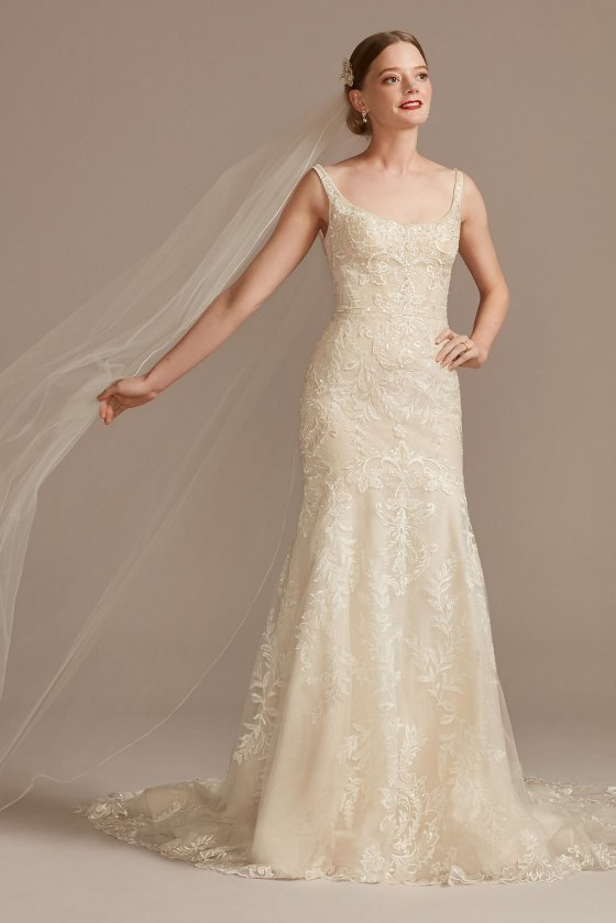 Lace Wedding Dress with Cutout Cathedral Train Oleg Cassini CWG895