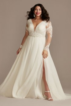 Long Sleeve Lace Applique Plus Size Wedding Dress Galina Signature 9SLLBSWG842