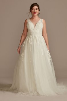 Embroidered V-Neck Wedding Dress with Tulle Skirt Oleg Cassini CWG888