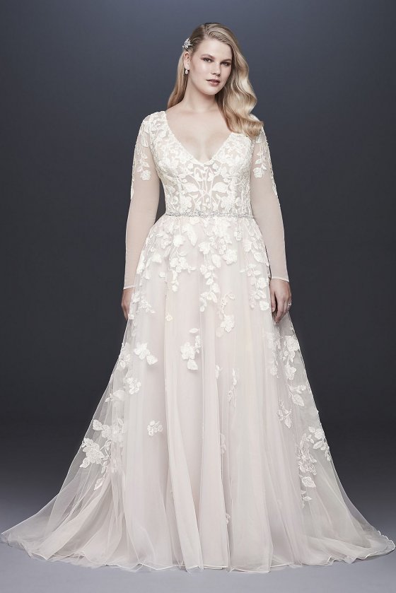 Illusion Sleeve Plunging Plus Size Wedding Dress 9SWG820 [9SWG820]