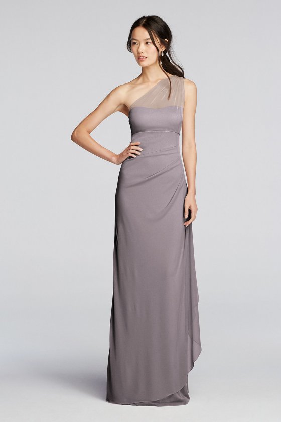 Long Mesh One Shoulder Dress with Side Cascade F19074 [F19074]