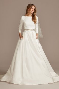 3/4 Sleeve Low Back Crepe and Satin Wedding Dress David's Bridal WG4005