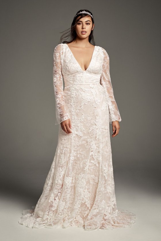 Plus Size Extra Length 4XL8VW351428 Lace Wedding Dress with Bell Sleeves [4XL8VW351428]