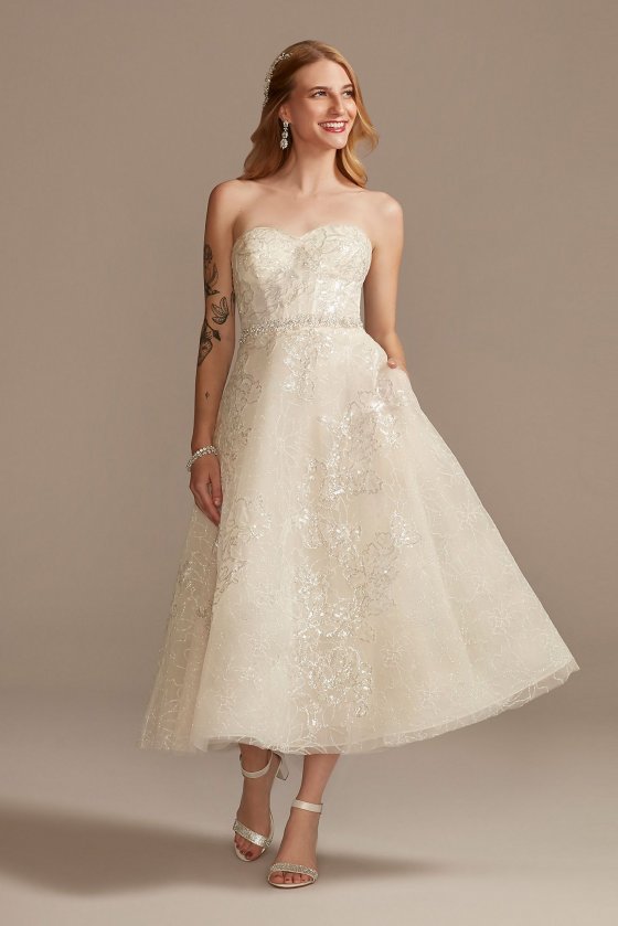 Lace Applique Tea-Length Tall Wedding Dress Oleg Cassini 4XLCWG903