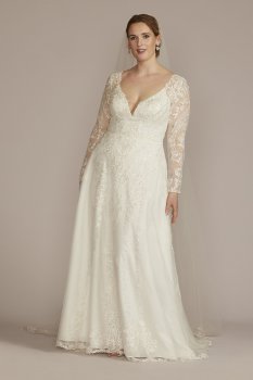 Lace Applique Long Sleeve Tall Plus Wedding Dress Oleg Cassini 4XL8SLCWG905