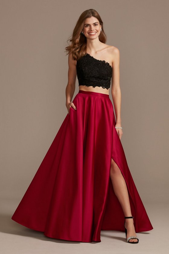 Asymmetric Lace Crop Top and Satin Split Skirt Set WBM1795RW
