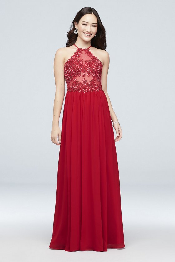 Chiffon A-Line Halter Dress with Corded Embroidery 169DBN [169DBN]