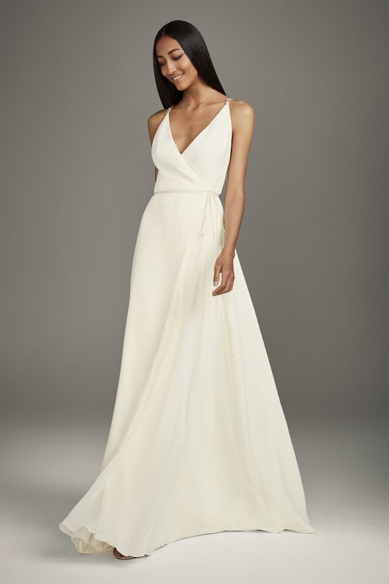 Floor Length VW351495 Style Crepe Wrap Gown with Jeweled Crisscross Low Back [MVW351495]