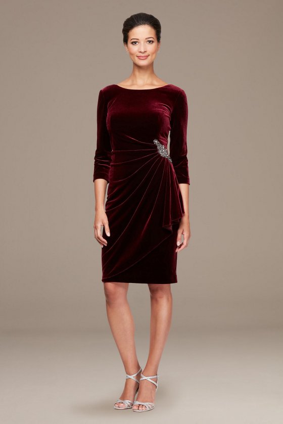 Stretch Velvet Ruched Petite Dress with Beaded Hip Alex Evenings 2915265