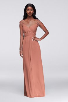 Long Mesh Dress with Lace Cap Sleeves F19505