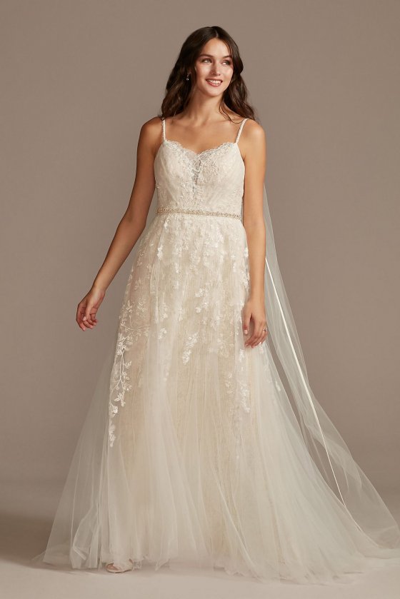 Pleated Lace Wedding Dress with Caged Tulle Skirt MS251229
