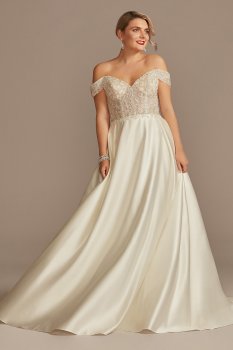 Beaded Bodice Off Shoulder Petite Wedding Dress Oleg Cassini 7CWG890