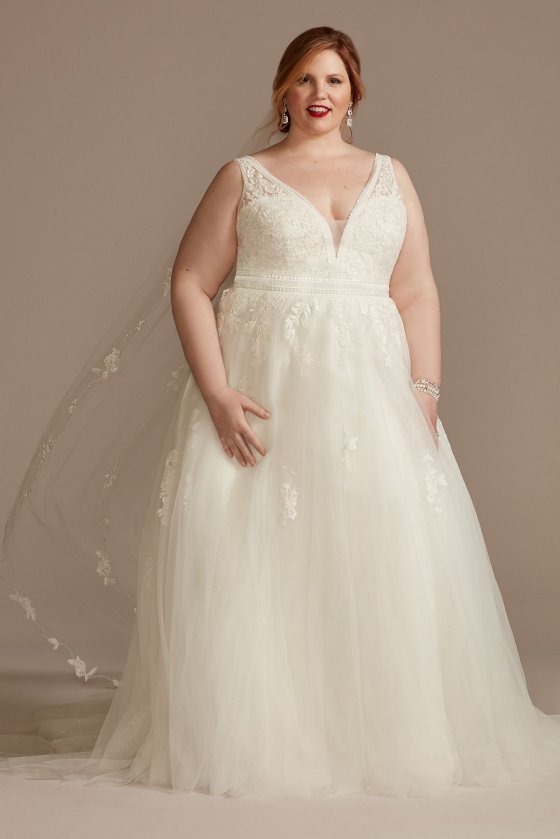 Embroidered Tall Plus Tulle Skirt Wedding Dress Oleg Cassini 4XL8CWG888