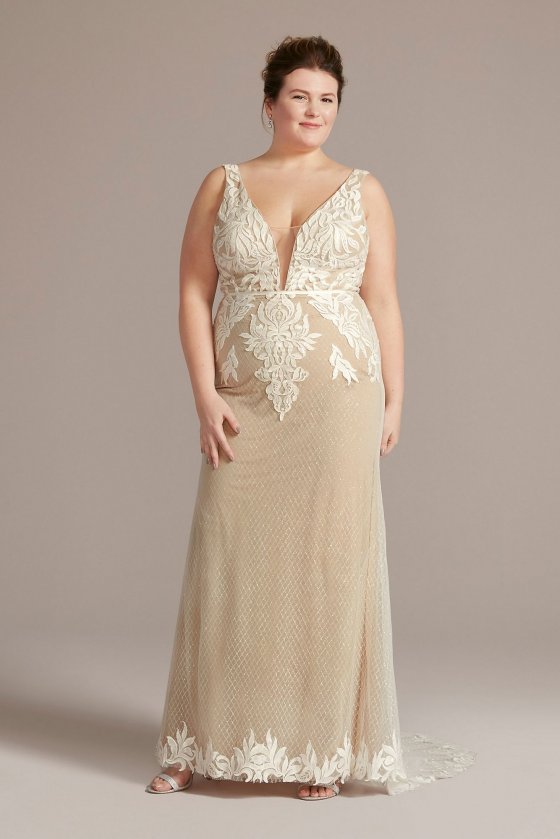 Illusion Plunge Lattice Skirt Plus Wedding Gown DB Studio 9WG4066