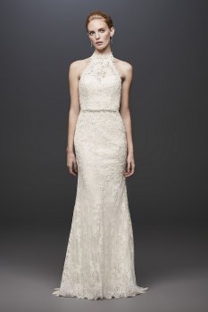 Lace High-Neck Halter Sheath Petite Wedding Dress 7MS251192