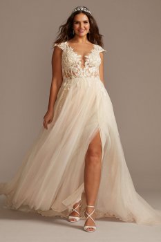 Cap Sleeve Lace Appliqued Plus Size Wedding Dress 9SWG862
